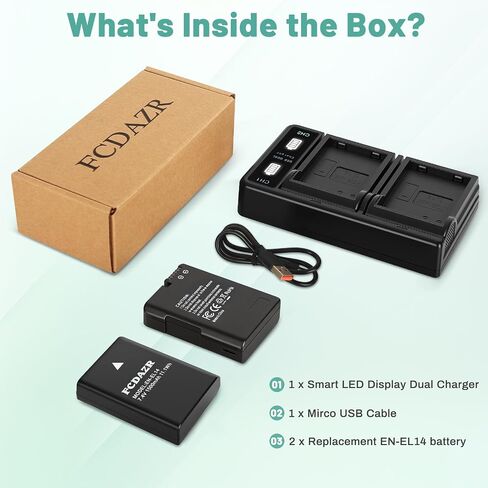 EN-EL14 EN-EL14a Battery (2-Pack) and Dual LED Charger Compatible with Nikon D3100 D3200 D3300 D3400 D3500 D5100 D5200 D5300 D5500 D5600 DF Coolpix P7000 P7100 P7700 P7800 Cameras in Kuwait