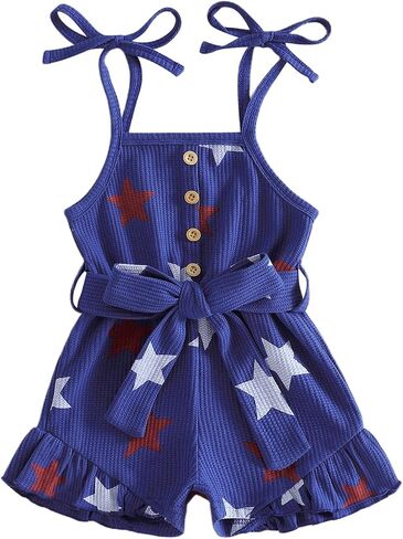 4th of July Outfit Toddler Girl Stars Flag Tie-Up Romper Overall Shorts Little Girls Fourth of July Outfits in Kuwait