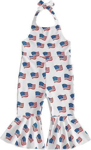 4th of July Toddler Girl Outfit Patriotic-Flags Bell Bottoms Fourth of July Jumpsuit Sleeveless Halter Overalls in Kuwait