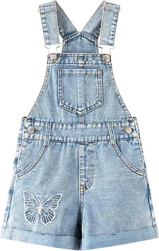KIDSCOOL Girls Denim Overalls Shorts Butterfly Embroidered Jean Shortalls | Girls denim overalls shorts, cute butterfly embroidered jean bib shortalls, adjustable casual romper pants, kid summer outfit in Kuwait
