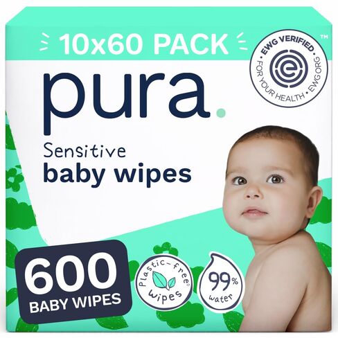 Pura Baby Wipes Unscented (600 Bulk) 99% Water Based, Wet Diaper Wipes, Extra Soft, Sensitive & Hypoallergenic For Newborn, Babies, Toddlers & Eczema-Prone Skin, Fragrance & Plastic-Free in Kuwait