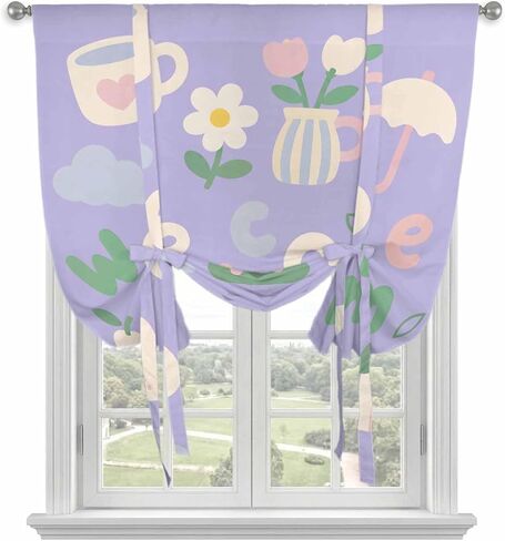 Yellow Cartoon Tie Up Curtains for Small Windows,Adjustable Rod Pocket Modern Cute Pastoral Garden Floral Valance 45 Inch Short, Window Treatment Balloon Roman Blind Shade, 34" x 45" in Kuwait