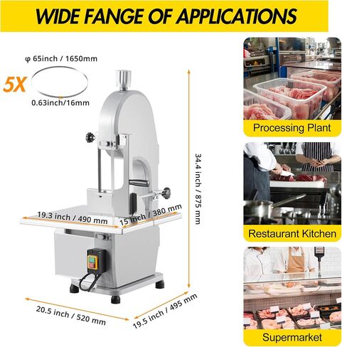 Commercial Electric Meat Bandsaw, 1500W Stainless Steel Countertop Bone Sawing Machine, Workbeach 20.5" x 19.5", 0.16-7.09Inch Cutting Thickness, Frozen Meat Cutter for Rib Pork Beef in Kuwait