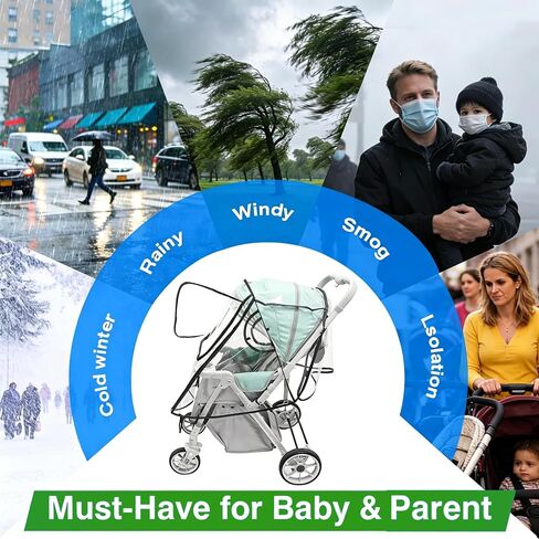 Clear Stroller Rain Cover, EVA,Universal Fit Breathable Weather Shield Easy to Install Windproof Waterproof, for Rain Snow Sun in Kuwait