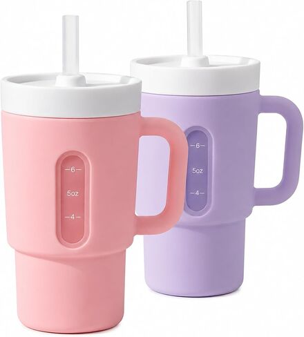 DeeCoo® My 1st Tumbler, 7oz Silicone Sippy Cup with Straw & Handle, 2-Pack BPA-Free Spill-Resistant Baby Cup for Toddlers, Easy-Clean Transition Cup for Home & Travel, Kids Cups (Pink & Purple) in Kuwait