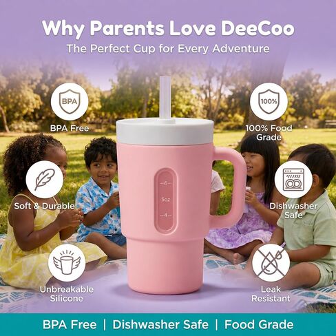 DeeCoo® My 1st Tumbler, 7oz Silicone Sippy Cup with Straw & Handle, 2-Pack BPA-Free Spill-Resistant Baby Cup for Toddlers, Easy-Clean Transition Cup for Home & Travel, Kids Cups (Pink & Purple) in Kuwait