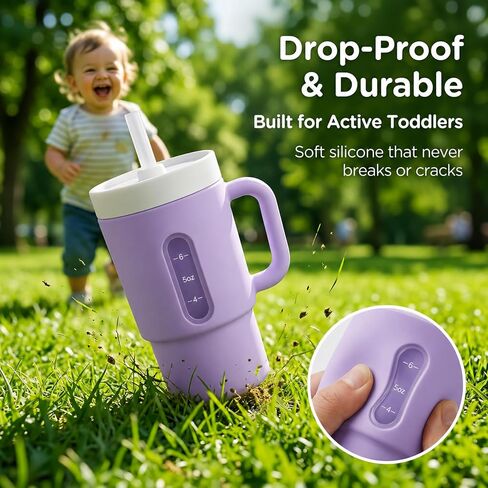 DeeCoo® My 1st Tumbler, 7oz Silicone Sippy Cup with Straw & Handle, 2-Pack BPA-Free Spill-Resistant Baby Cup for Toddlers, Easy-Clean Transition Cup for Home & Travel, Kids Cups (Pink & Purple) in Kuwait