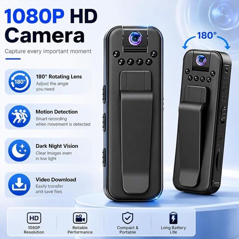 Body Camera HD 1080P Portable Video Recorder with 180° Rotatable Lens Wearable Camcorder with Night Vision Police Body cam for Sport/Delivery/Travel/Law Enforcement, Micro SD Card NOT Included (black) in Kuwait