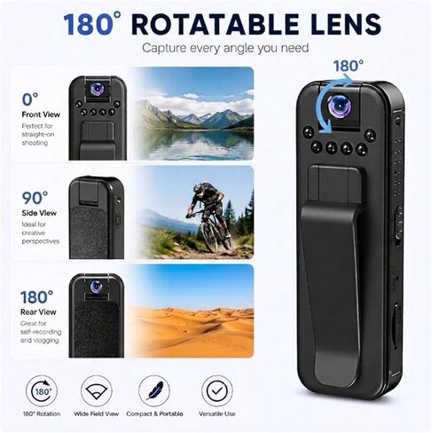 Body Camera HD 1080P Portable Video Recorder with 180° Rotatable Lens Wearable Camcorder with Night Vision Police Body cam for Sport/Delivery/Travel/Law Enforcement, Micro SD Card NOT Included (black) in Kuwait