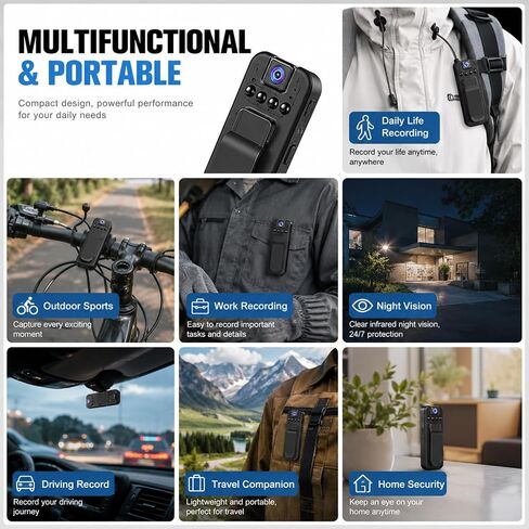 Body Camera HD 1080P Portable Video Recorder with 180° Rotatable Lens Wearable Camcorder with Night Vision Police Body cam for Sport/Delivery/Travel/Law Enforcement, Micro SD Card NOT Included (black) in Kuwait