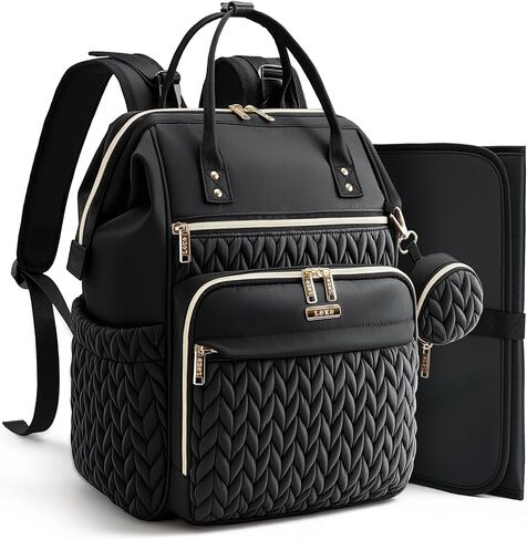 Lekesky Quilted Diaper Bag Backpack, Wide Opening Large Baby Bag for Mom Dad Maternity, Black Travel Diaper Backpack with Changing Pad, Insulated Pockets, Pacifier Case in Kuwait