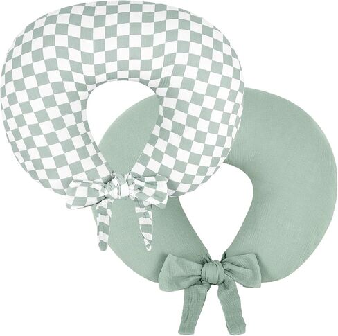 DILIMI Muslin Nursing Pillow Cover 2 Pack, Removable Nursing Cover for Breastfeeding Pillows, Adjustable Extended Strap, Soft Comfortable Slipcover for Baby Girl and Boy, Beige and Brown Gingham in Kuwait