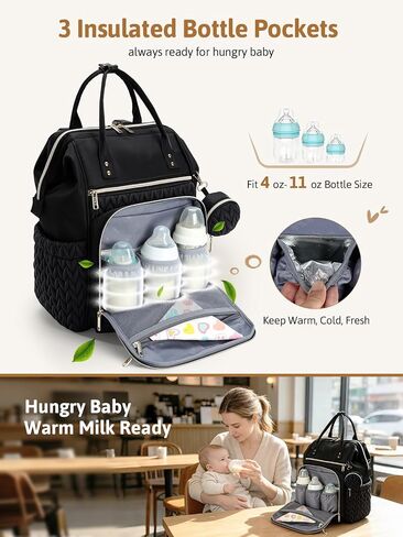Lekesky Quilted Diaper Bag Backpack, Wide Opening Large Baby Bag for Mom Dad Maternity, Black Travel Diaper Backpack with Changing Pad, Insulated Pockets, Pacifier Case in Kuwait