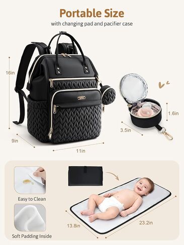 Lekesky Quilted Diaper Bag Backpack, Wide Opening Large Baby Bag for Mom Dad Maternity, Black Travel Diaper Backpack with Changing Pad, Insulated Pockets, Pacifier Case in Kuwait