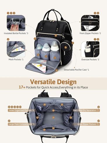Lekesky Quilted Diaper Bag Backpack, Wide Opening Large Baby Bag for Mom Dad Maternity, Black Travel Diaper Backpack with Changing Pad, Insulated Pockets, Pacifier Case in Kuwait