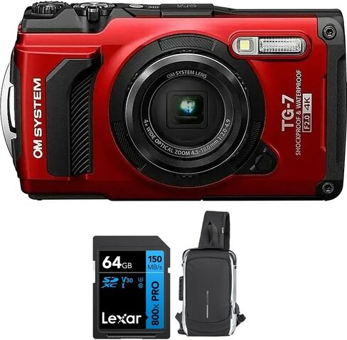 OM Systems Tough TG‑7 12MP 4K Underwater Digital Camera (Red) Adventure Bundle with Lexar 64GB SDXC Card + Deco Essentials Sling Backpack in Kuwait