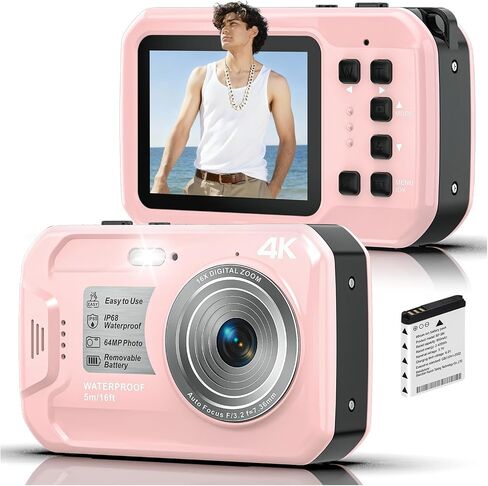 4K Underwater Camera, 64MP 16FT Waterproof Digital Camera with 16GB Card, Autofocus Floatable Waterproof Camera with IPS HD Screen, 16X Digital Zoom, Fill Light, for Snorkeling, Surfing, Swimming in Kuwait