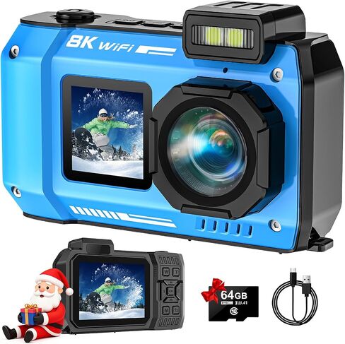 UHD 8K Underwater Camera, 70MP 33FT WiFi Waterproof Digital Camera with 64GB Card, Auto Focus Waterproof Dual-Screen Selfie 2500mAh Battery, 18X Floatable Digital for Snorkeling, Blue in Kuwait