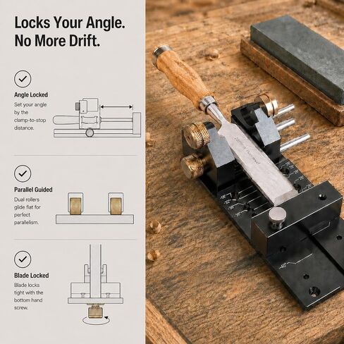 Chisel Sharpening Jig Kit | Adjustable Dual Brass Roller, Honing Guide System with Angle Fixture & Angle Gauge, Wide Clamp Range in Kuwait