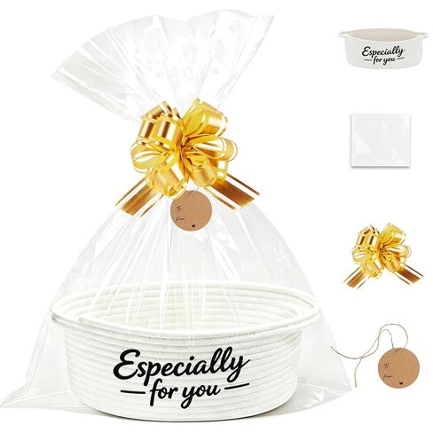 Small Empty Gift Basket with Bow, Ribbon, Tag & Clear Bag - "Especially for You" Embroidered Cotton Rope Bin (12x8x5") for Birthdays, Graduations, Father's Day & Holidays in Kuwait