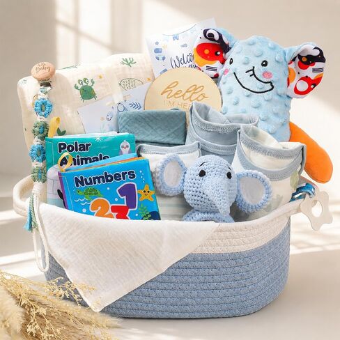 Baby Boy Gifts Basket,Newborn Baby Gifts for Boys,Baby Shower Gift for Baby Boy with Blanket Onesies Toys,Gender Reveal Gift | Breathable Cotton,All In One Gift Basket,Gift Bag in Kuwait
