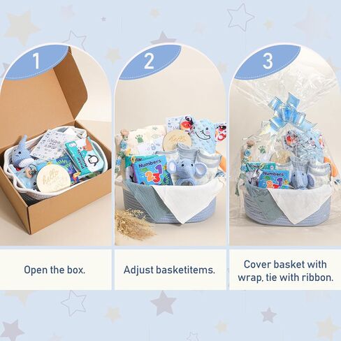 Baby Boy Gifts Basket,Newborn Baby Gifts for Boys,Baby Shower Gift for Baby Boy with Blanket Onesies Toys,Gender Reveal Gift | Breathable Cotton,All In One Gift Basket,Gift Bag in Kuwait