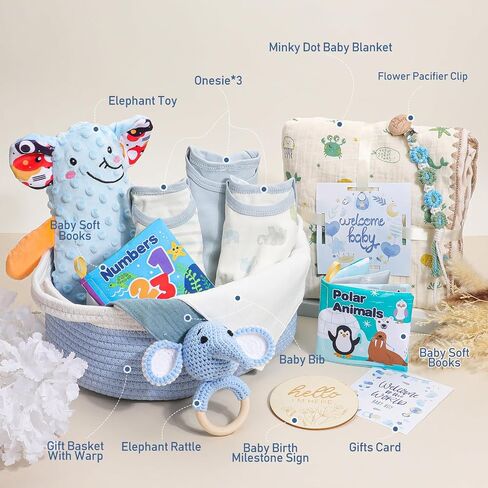 Baby Boy Gifts Basket,Newborn Baby Gifts for Boys,Baby Shower Gift for Baby Boy with Blanket Onesies Toys,Gender Reveal Gift | Breathable Cotton,All In One Gift Basket,Gift Bag in Kuwait