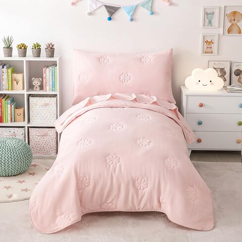 Pink Toddler Bedding Sets for Girls, 4 Pieces Soft Microfiber Floral Embroidery Toddler Bed-in-a-Bag Includes Soft Comforter, Flat Sheet, Fitted Sheet, Envelope Pillowcase in Kuwait