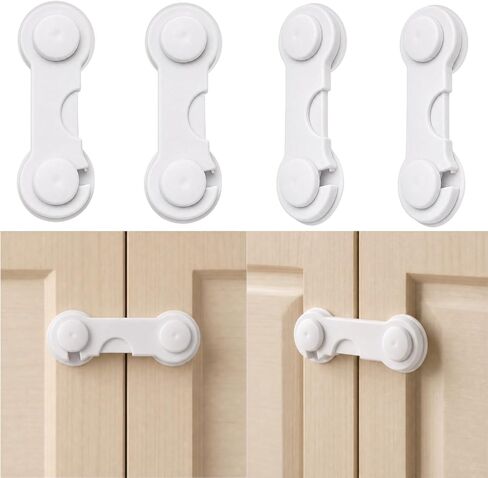 Cabinet Door Locks Baby Proof, 4 Pack Child Safety Latches with Adhesive for Cabinets Drawers Cupboards Fridge Closet Pantry, Premium ABS Material, White in Kuwait