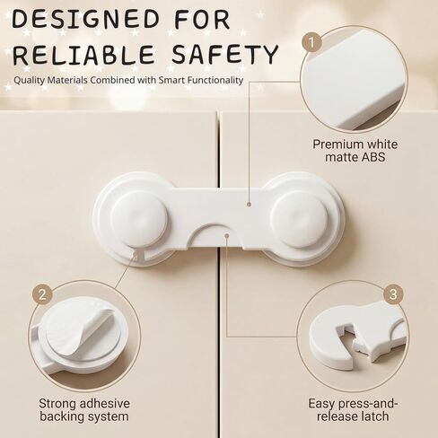 Cabinet Door Locks Baby Proof, 4 Pack Child Safety Latches with Adhesive for Cabinets Drawers Cupboards Fridge Closet Pantry, Premium ABS Material, White in Kuwait