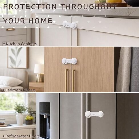 Cabinet Door Locks Baby Proof, 4 Pack Child Safety Latches with Adhesive for Cabinets Drawers Cupboards Fridge Closet Pantry, Premium ABS Material, White in Kuwait