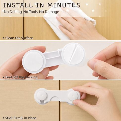 Cabinet Door Locks Baby Proof, 4 Pack Child Safety Latches with Adhesive for Cabinets Drawers Cupboards Fridge Closet Pantry, Premium ABS Material, White in Kuwait