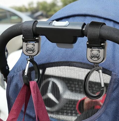 2 Pack Utility Hooks, Adjustable Nylon Straps 360° Rotating Clips, Universal Bag Hanger for Stroller, Cart, Bike, Wheelchair, Black Bear Pattern in Kuwait