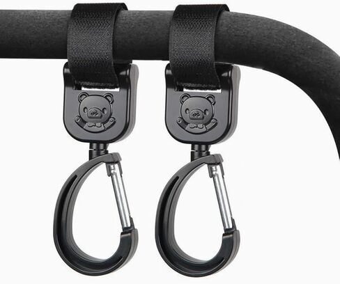2 Pack Utility Hooks, Adjustable Nylon Straps 360° Rotating Clips, Universal Bag Hanger for Stroller, Cart, Bike, Wheelchair, Black Bear Pattern in Kuwait