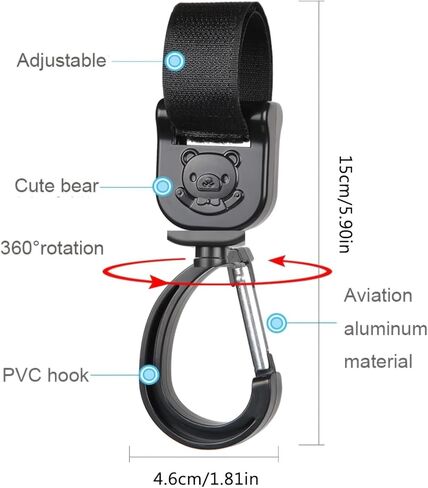 2 Pack Utility Hooks, Adjustable Nylon Straps 360° Rotating Clips, Universal Bag Hanger for Stroller, Cart, Bike, Wheelchair, Black Bear Pattern in Kuwait