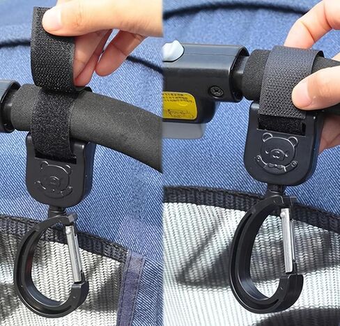 2 Pack Utility Hooks, Adjustable Nylon Straps 360° Rotating Clips, Universal Bag Hanger for Stroller, Cart, Bike, Wheelchair, Black Bear Pattern in Kuwait