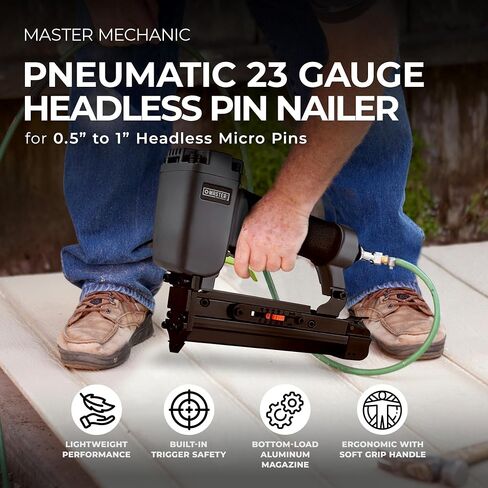 Master Mechanic Headless Micro Pin Nailer, Pneumatic 23 Gauge Lightweight Aluminum Stapler Hand Tool Set for Hobby Work and Detailed Trim Projects in Kuwait