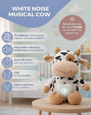 Baby Sound Machine Plush Cow with Cry Detector & Star Projector – USB Rechargeable White Noise Machine Baby with 15 Melodies & Timer – Lullaby Sound Machine & Baby Sleep Soother for Newborns in Kuwait