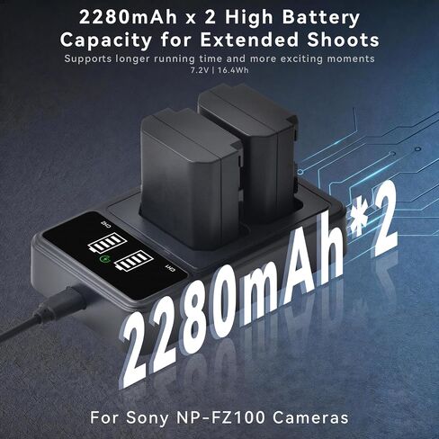 NP-FZ100 Battery 2280mAH and PD20W Dual Slot Charger Set for Sony A7C Camera for Sony A7iii, A7iv, A7C, A6700, A6600, ZV-E1, ZV-E10ii, FX3, FX30, A9, Alpha 9, Alpha 9S, A9S, A7R3, A7R4 Cameras in Kuwait
