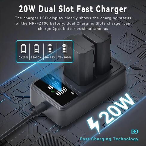 NP-FZ100 Battery 2280mAH and PD20W Dual Slot Charger Set for Sony A7C Camera for Sony A7iii, A7iv, A7C, A6700, A6600, ZV-E1, ZV-E10ii, FX3, FX30, A9, Alpha 9, Alpha 9S, A9S, A7R3, A7R4 Cameras in Kuwait