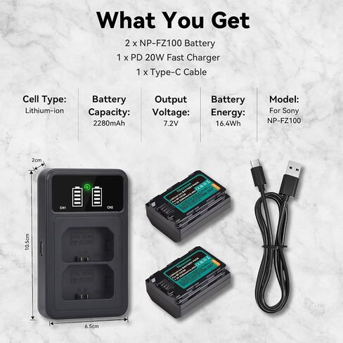 NP-FZ100 Battery 2280mAH and PD20W Dual Slot Charger Set for Sony A7C Camera for Sony A7iii, A7iv, A7C, A6700, A6600, ZV-E1, ZV-E10ii, FX3, FX30, A9, Alpha 9, Alpha 9S, A9S, A7R3, A7R4 Cameras in Kuwait