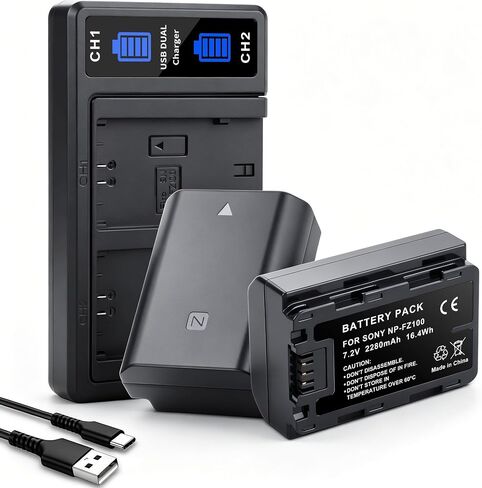 2280mAh NP-FZ100 Battery with Dual Slot Charger Set for Sony A7iii, A7iv, A7C, A6700, A6600, FX3, FX30, A9, Alpha 9, Alpha 9S, Alpha A7C,A9S, A7R3, A7R4,ZV-E1, ZV-E10ii Camera Batteries in Kuwait