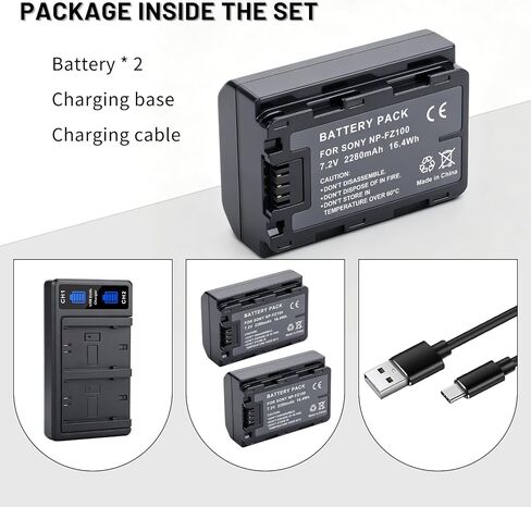 2280mAh NP-FZ100 Battery with Dual Slot Charger Set for Sony A7iii, A7iv, A7C, A6700, A6600, FX3, FX30, A9, Alpha 9, Alpha 9S, Alpha A7C,A9S, A7R3, A7R4,ZV-E1, ZV-E10ii Camera Batteries in Kuwait