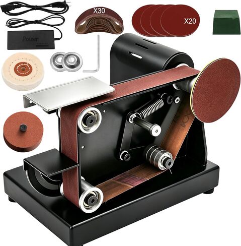 SporGain Mini Belt Sander, 7 Adjustable Speed, 90°Adjustable Dual Worktable | 4-in-1 Electric Knife Sharpener, Small Bench Grinder with Two-way Switch for Woodworking, Jewelry Making, Metal Working DIY in Kuwait