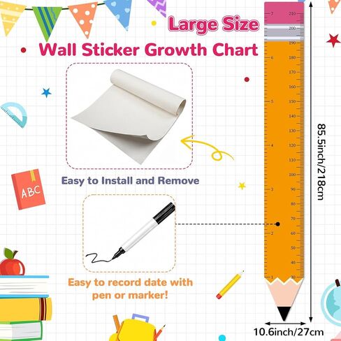 Back to School Height Growth Chart Sticker 85.8 x 10.6 inch Pencil Shaped Height Measurement Ruler Sticker Removable PVC Wall Decor for Classroom Bedroom Playroom Nursery Kindergarten Decor in Kuwait