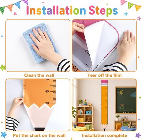 Back to School Height Growth Chart Sticker 85.8 x 10.6 inch Pencil Shaped Height Measurement Ruler Sticker Removable PVC Wall Decor for Classroom Bedroom Playroom Nursery Kindergarten Decor in Kuwait