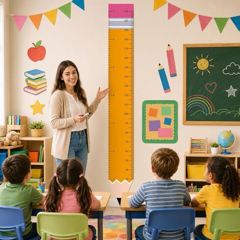 Back to School Height Growth Chart Sticker 85.8 x 10.6 inch Pencil Shaped Height Measurement Ruler Sticker Removable PVC Wall Decor for Classroom Bedroom Playroom Nursery Kindergarten Decor in Kuwait