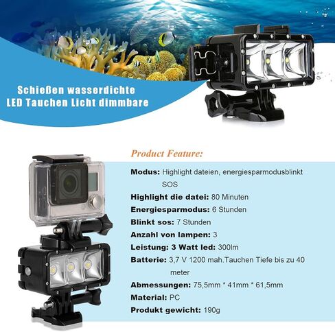Diving Underwater Light for Go pro Hero 13/12/11/10/9/8/7/6/5/4/3, Waterproof up to 30M(98.4 ft),Camera Video Light for Insta360 Ace Pro 2/1, for DJI Osmo Action Camera in Kuwait
