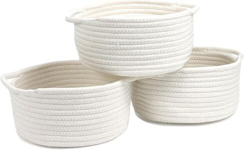 Small Woven Baskets with Handle, Set of 3 Cotton Rope White Baskets for Organizing, Cute Mini Tiny Decorative Boho Round Storage Basket Bathroom Organizer Bin, Empty Gift Basket for Birthday Nursery in Kuwait