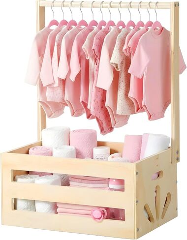 Wooden Baby Shower Basket, Baby Shower Crate Closet Natural Wood Babies Gifts Basket with Hanger Rack Welcome Gift Baskets for Newborn Boys Girls - Assembly Required in Kuwait